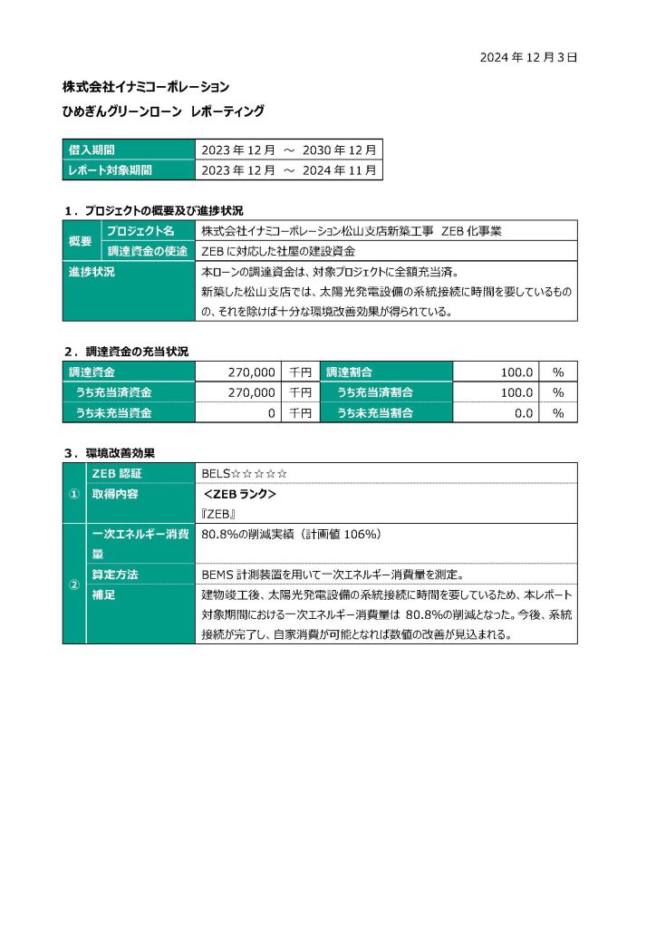 株式会社イナミコーポレーション松山支店新築工事 ZEB化事業　グリーンローンレポーティング